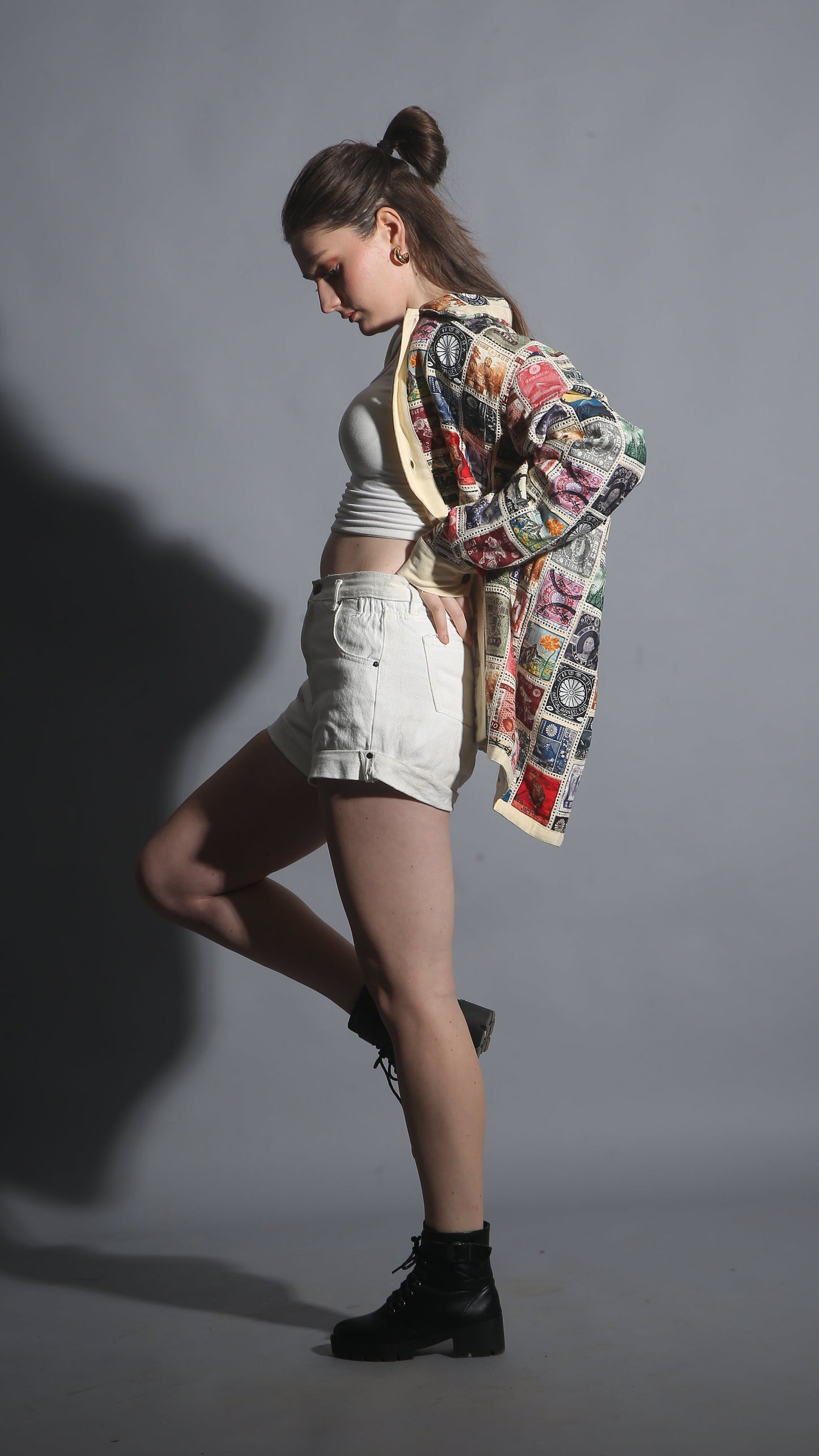 Main: Dark colored shot of the Vintage Stamp Patchwork Long Sleeve Shirt