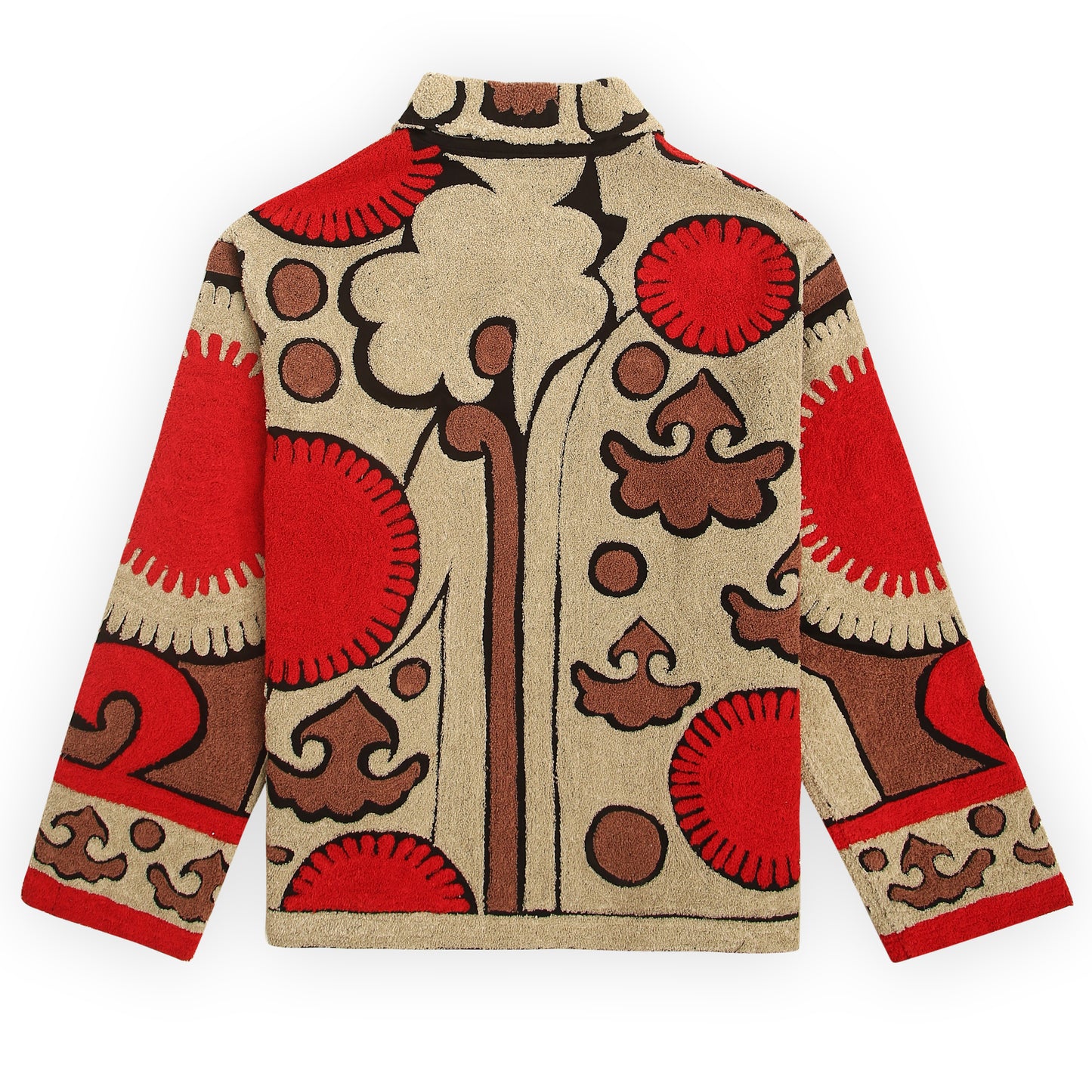“Geo cut with elbow patches in suedette to make this a durable stylish unisex coat jacket 3D
embroidery raised multicolour