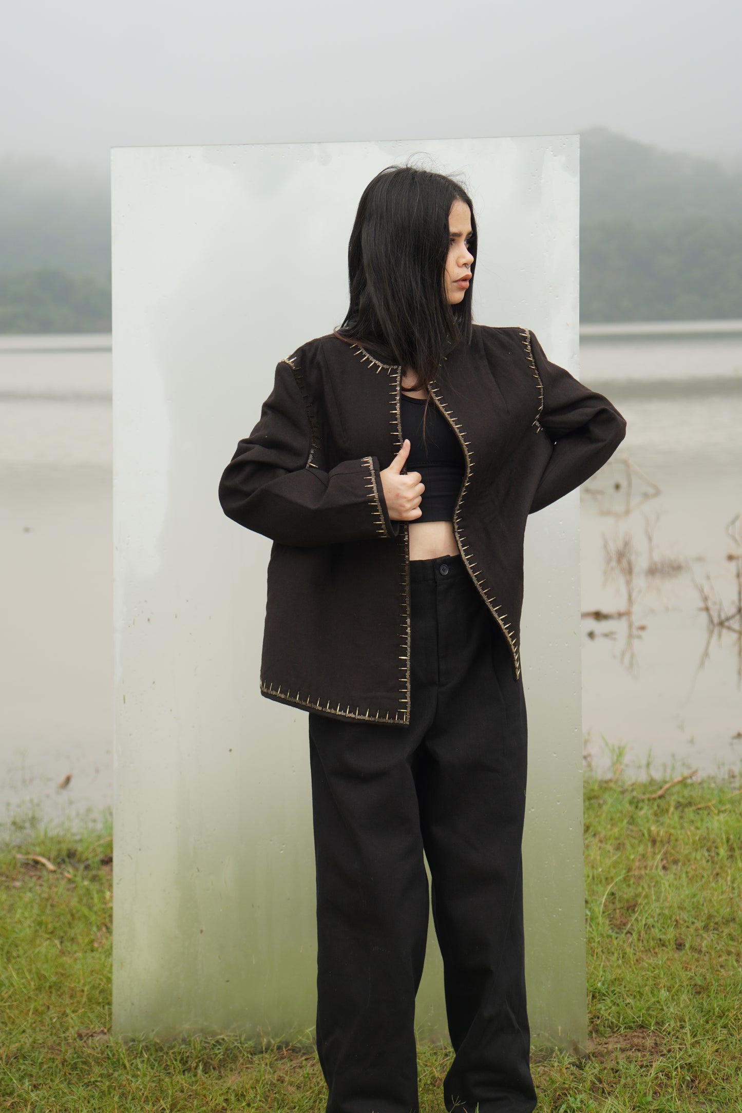 Brown beaded wool jacket, Olivia women with Bungle Beadwork details
Brown womens beaded wool jacket — very stylish, some bead embroidery