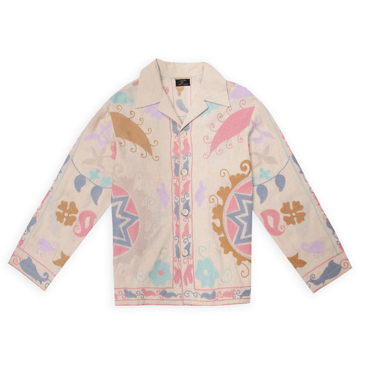 Main: Suzani Motif Embroidered Shirt in off-white, full view, chain-stitch embroidery