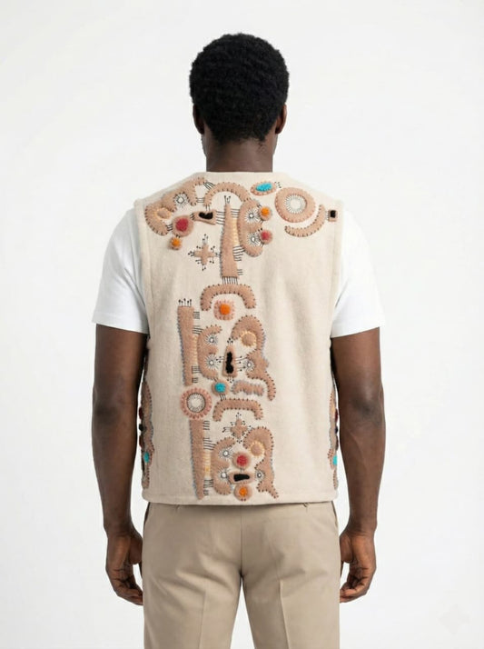 Person wearing a beige embroidered vest on a white background