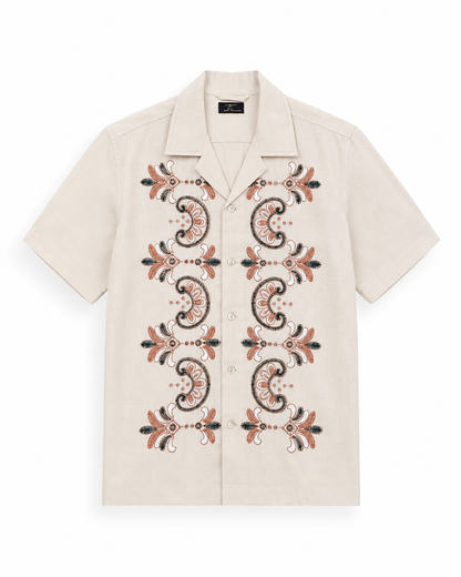 Couching Embroidery Short Sleeve Shirt | Beige