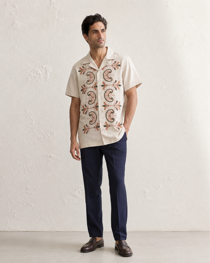 Couching Embroidery Short Sleeve Shirt | Beige