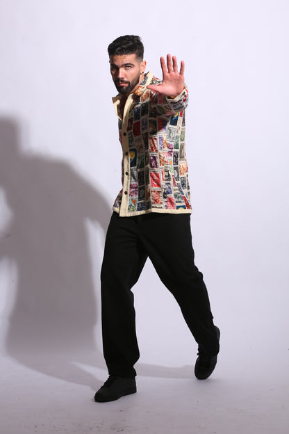 “Lightweight cotton satin shirt with sophisticated patchwork craftsmanship”