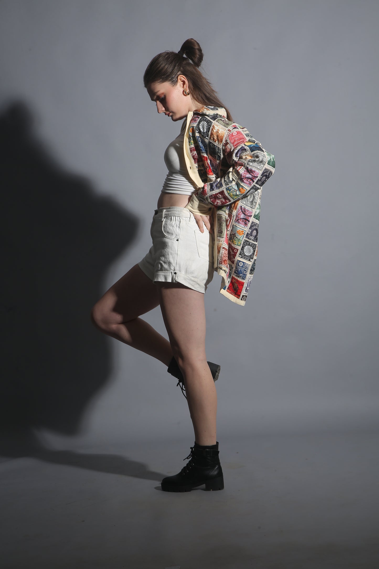 Main: Dark colored shot of the Vintage Stamp Patchwork Long Sleeve Shirt 