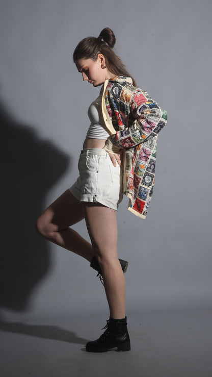 Main: Dark colored shot of the Vintage Stamp Patchwork Long Sleeve Shirt 