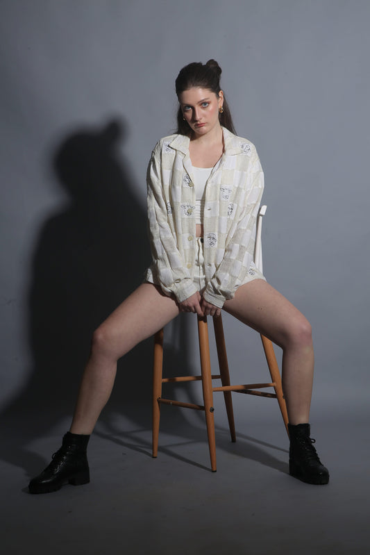  Beige Cotton Patchwork Artful Faces Patchwork Shirt 