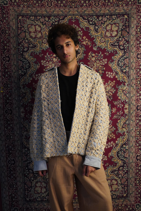 “Hand weaving detailing beige cotton denim Hunter jacket” 
“Beige unisex cotton denim coach jacket with hand woven design”