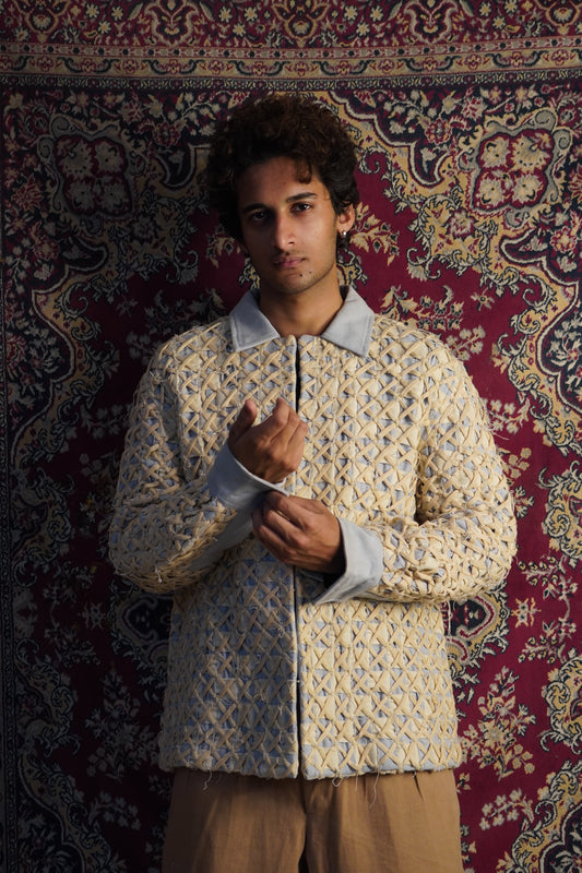 “Hand weaving detailing beige cotton denim Hunter jacket” 
“Beige unisex cotton denim coach jacket with hand woven design”