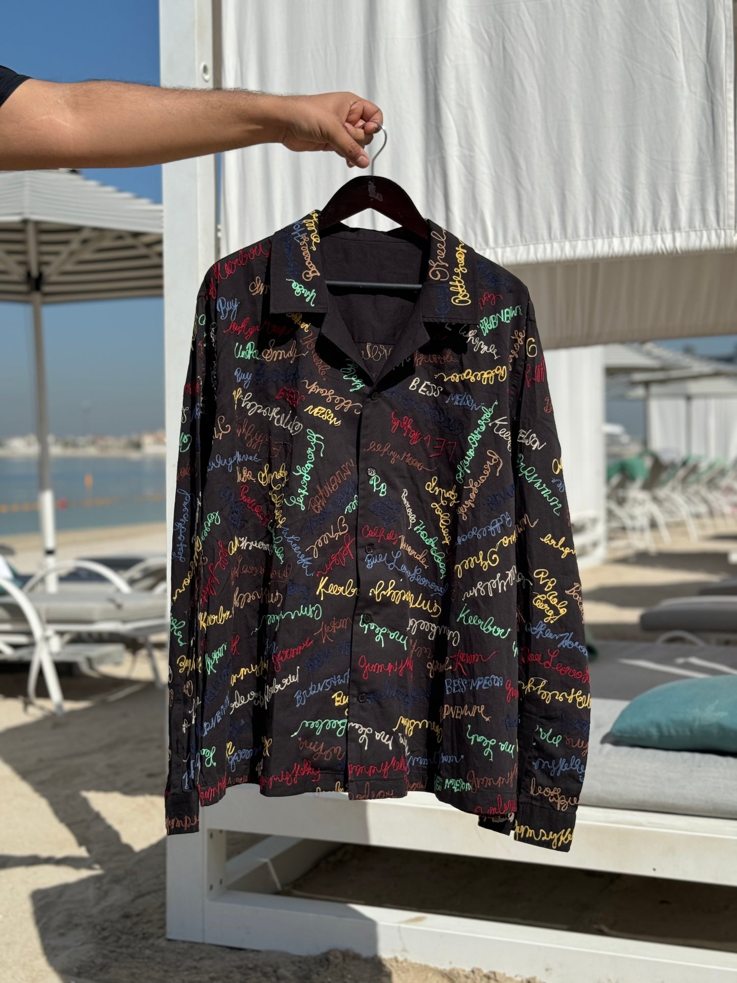 “Breathable cotton satin evening wear shirt in Black embroidered 