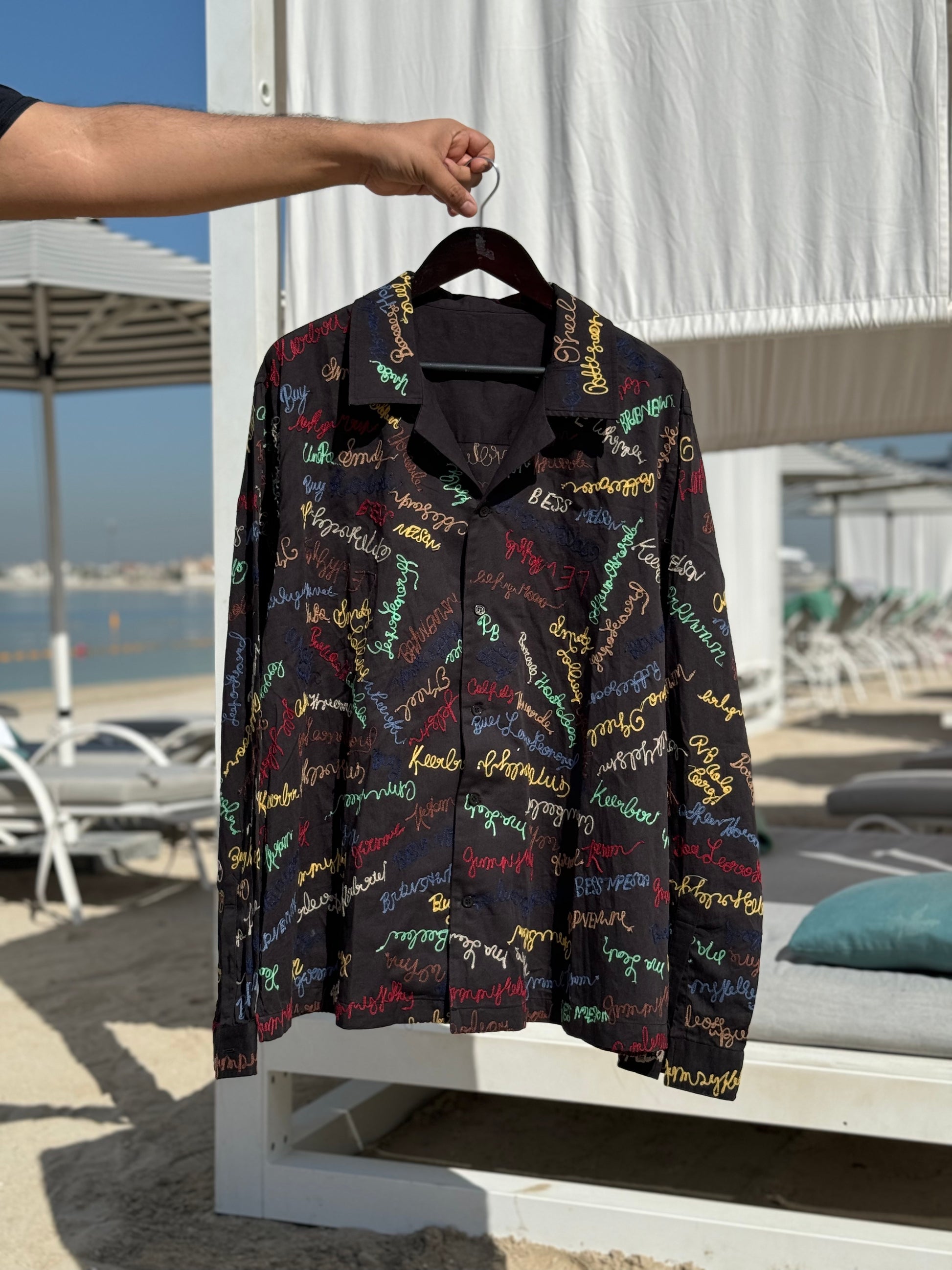 “Breathable cotton satin evening wear shirt in Black embroidered 