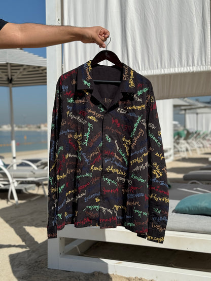 “Breathable cotton satin evening wear shirt in Black embroidered 