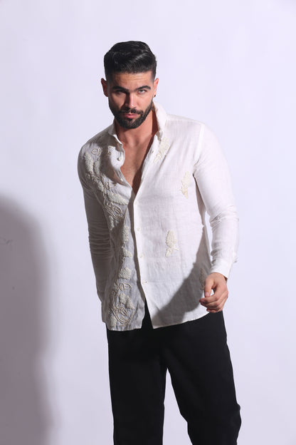 Embroidered very white linen knotted shirt - all knots 