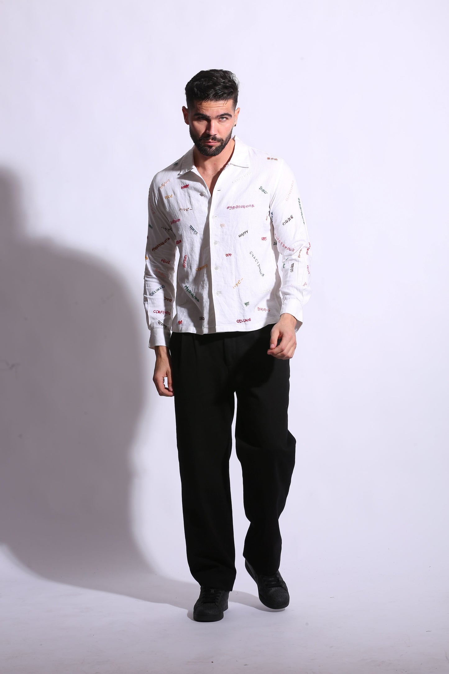 Men’s white linen shirt with detailed handmade embroidery 