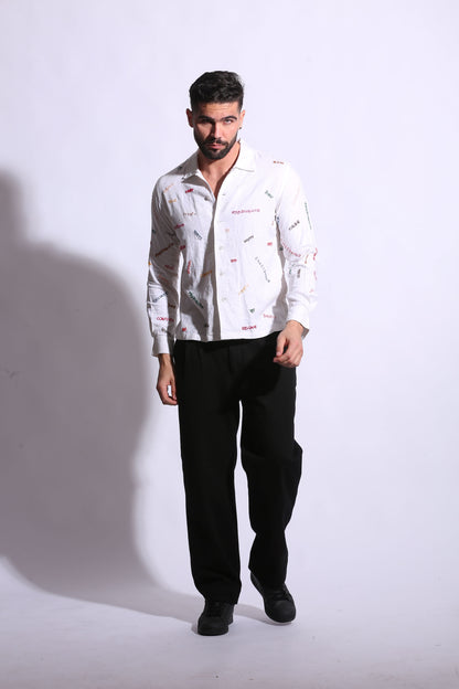 Men’s white linen shirt with detailed handmade embroidery 