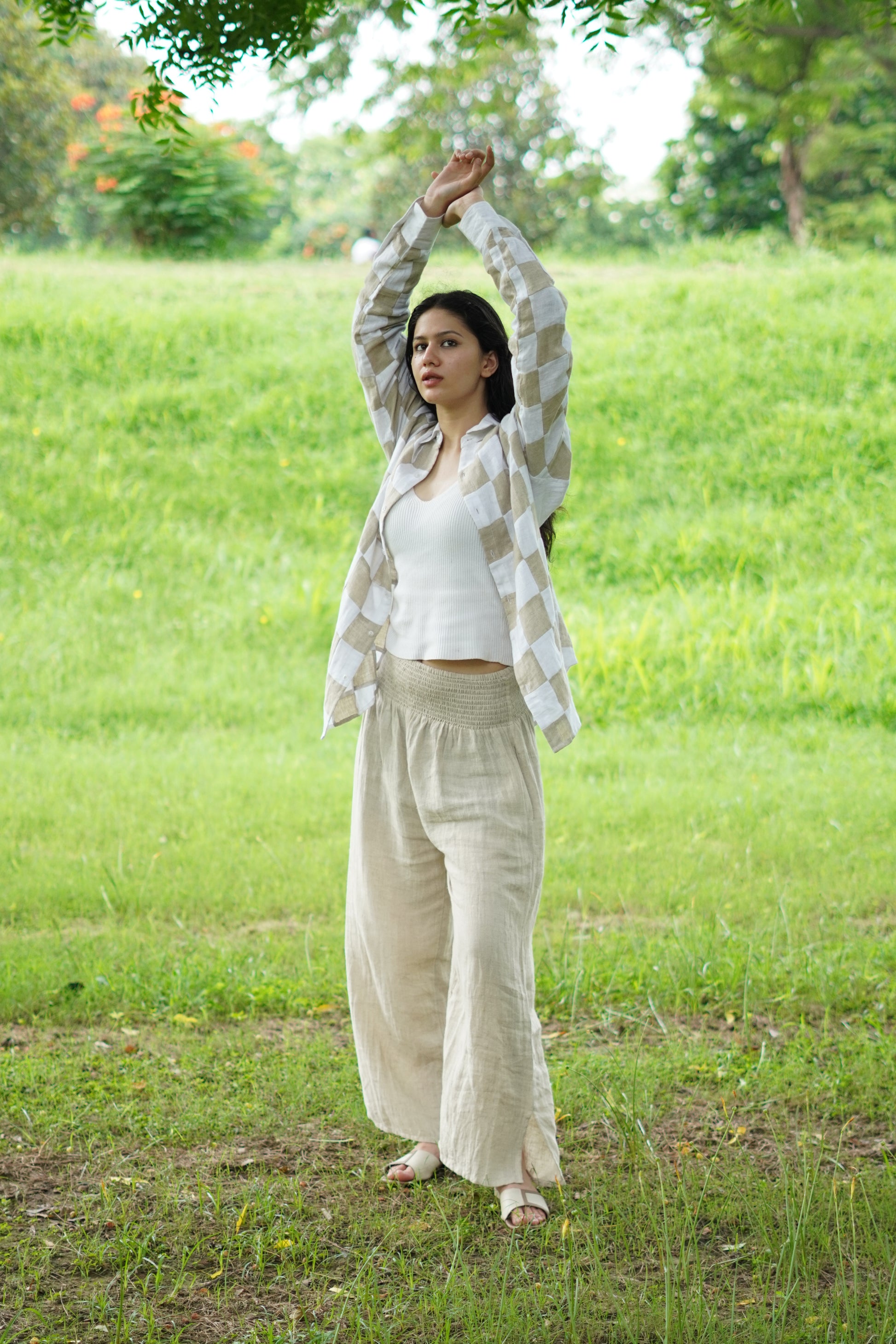 Lightweight summer linen shirt with an ivory and tan geometric tile design, perfect for beach or resort wear.