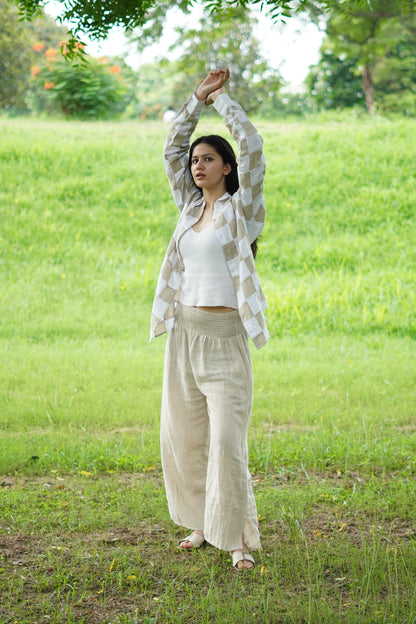 Lightweight summer linen shirt with an ivory and tan geometric tile design, perfect for beach or resort wear.
