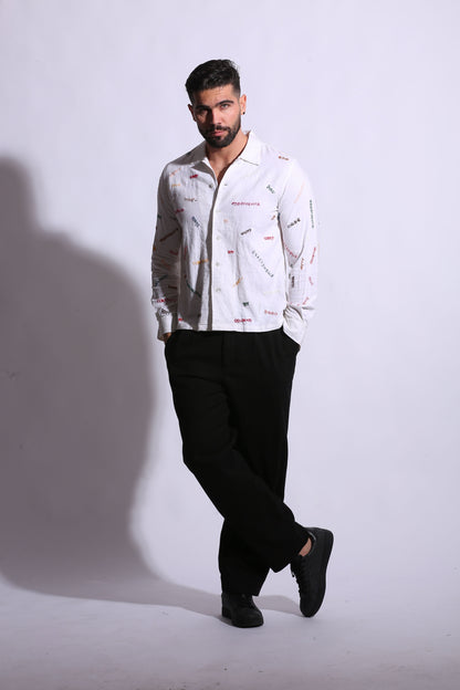 Men’s white linen shirt with detailed handmade embroidery 