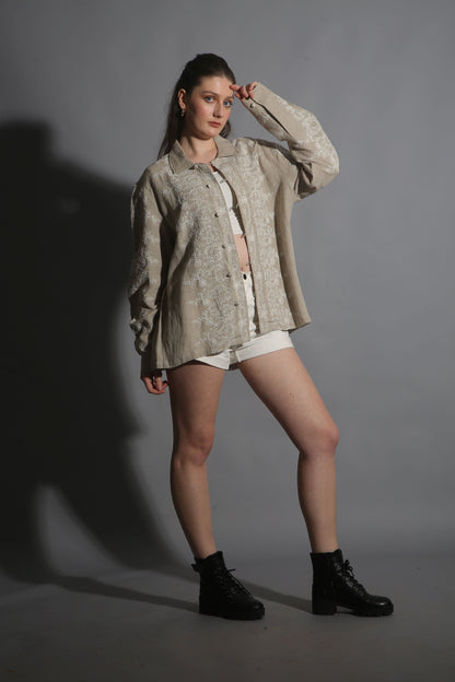Imperial Ottoman Linen Shirt in beige featuring intricate tonal floral embroidery and traditional knotted button closures.