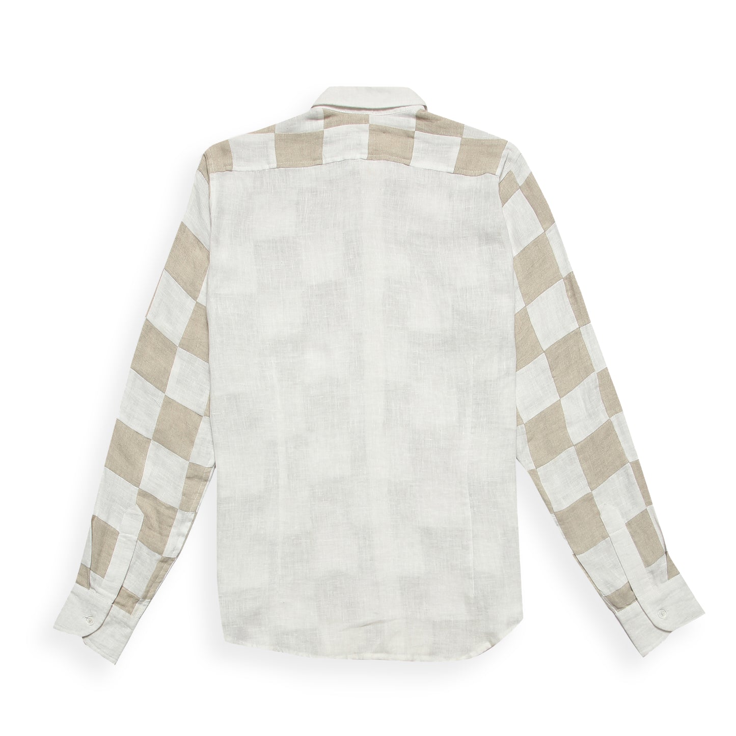 Breathable linen checkerboard shirt for men, neutral color palette, patchwork construction.