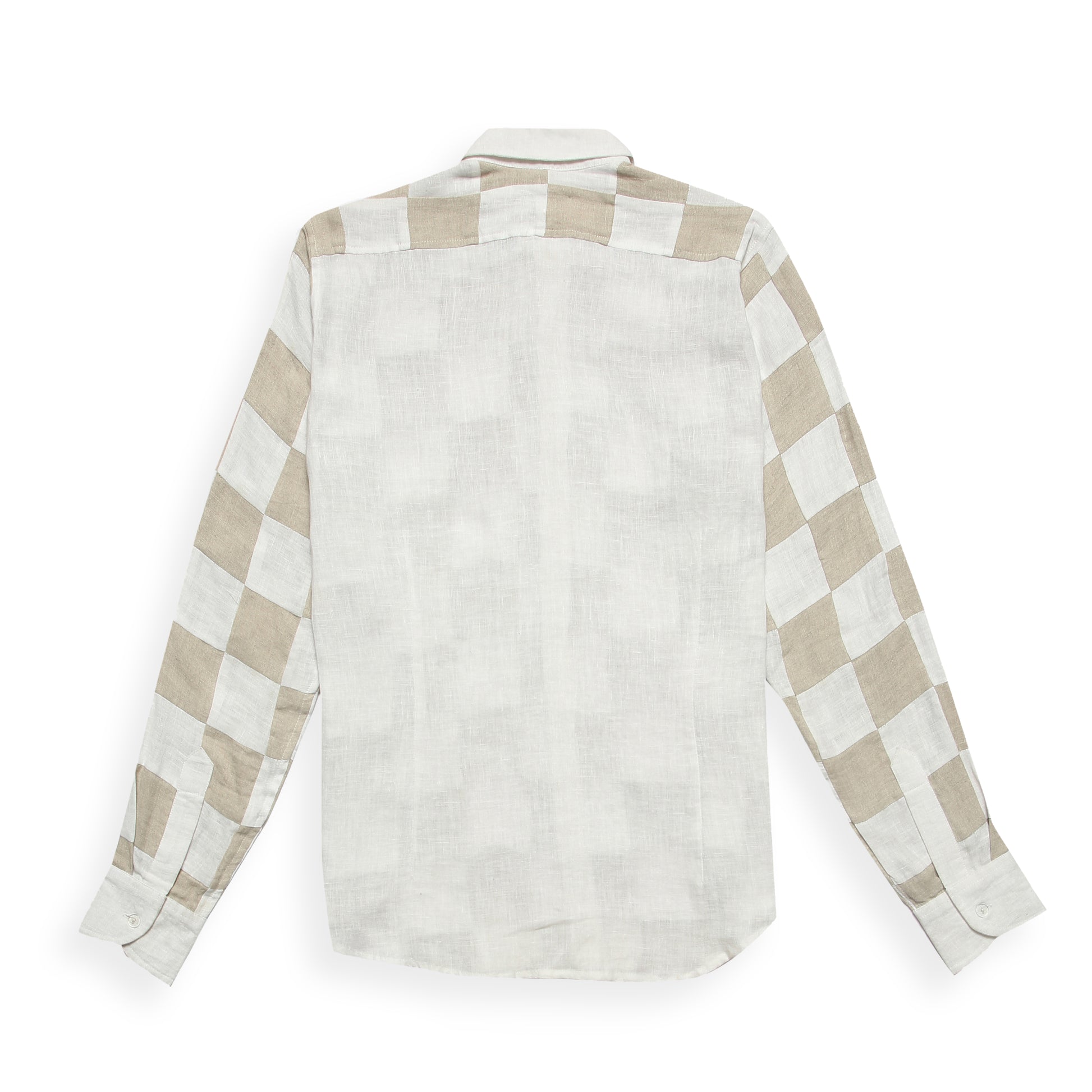 Breathable linen checkerboard shirt for men, neutral color palette, patchwork construction.
