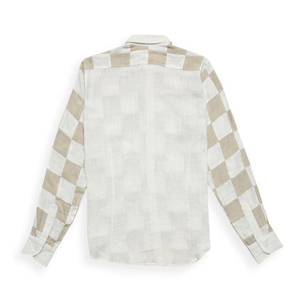 Breathable linen checkerboard shirt for men, neutral color palette, patchwork construction.