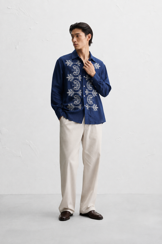 Couching Embroidery Long sleeve Shirt Navy | Premium Viscose Designer Shirt