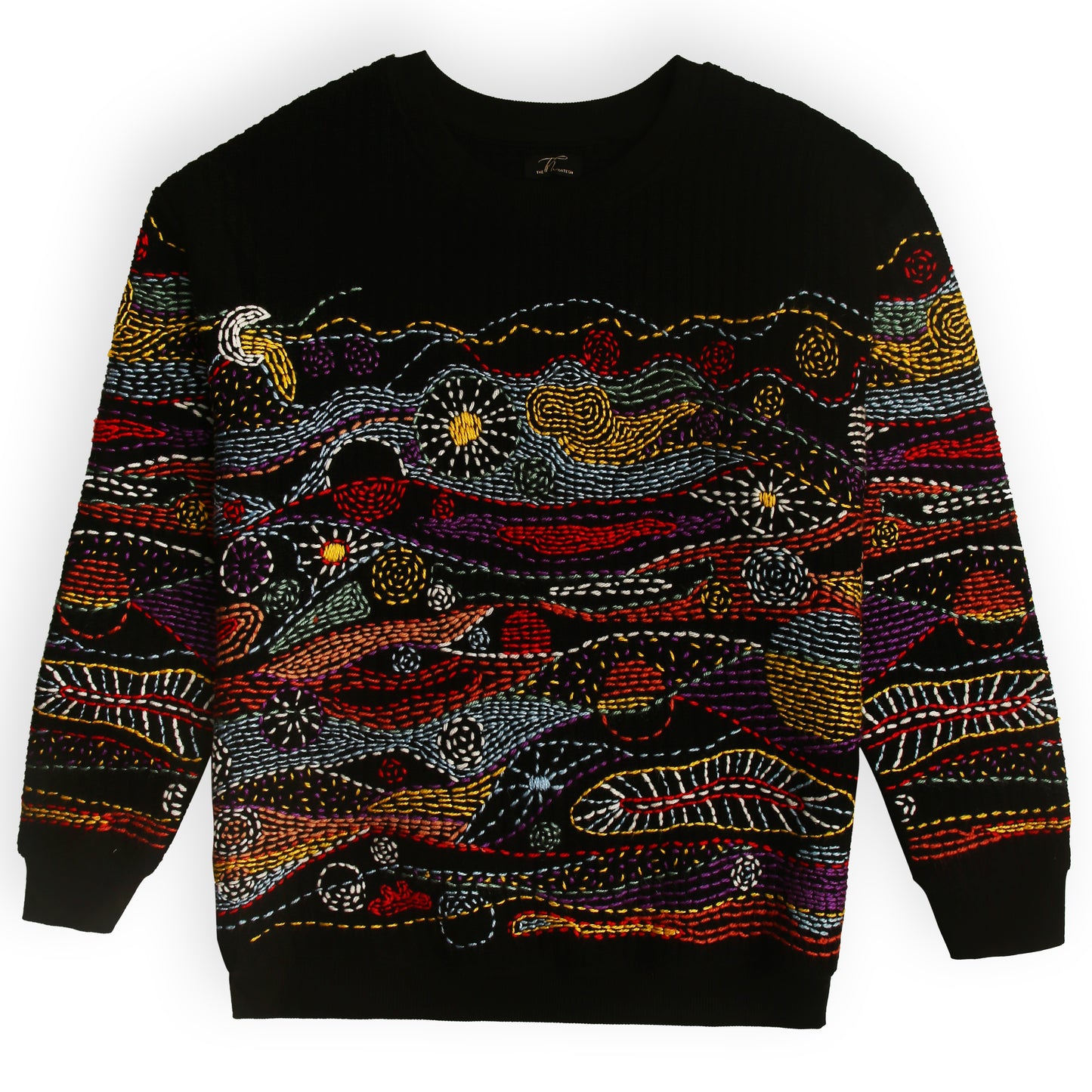 Black sweater with colorful abstract pattern on a white background