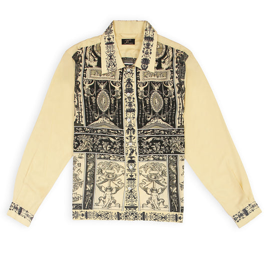 A long-sleeved yellow silk shirt with vintage retro print patterns.
