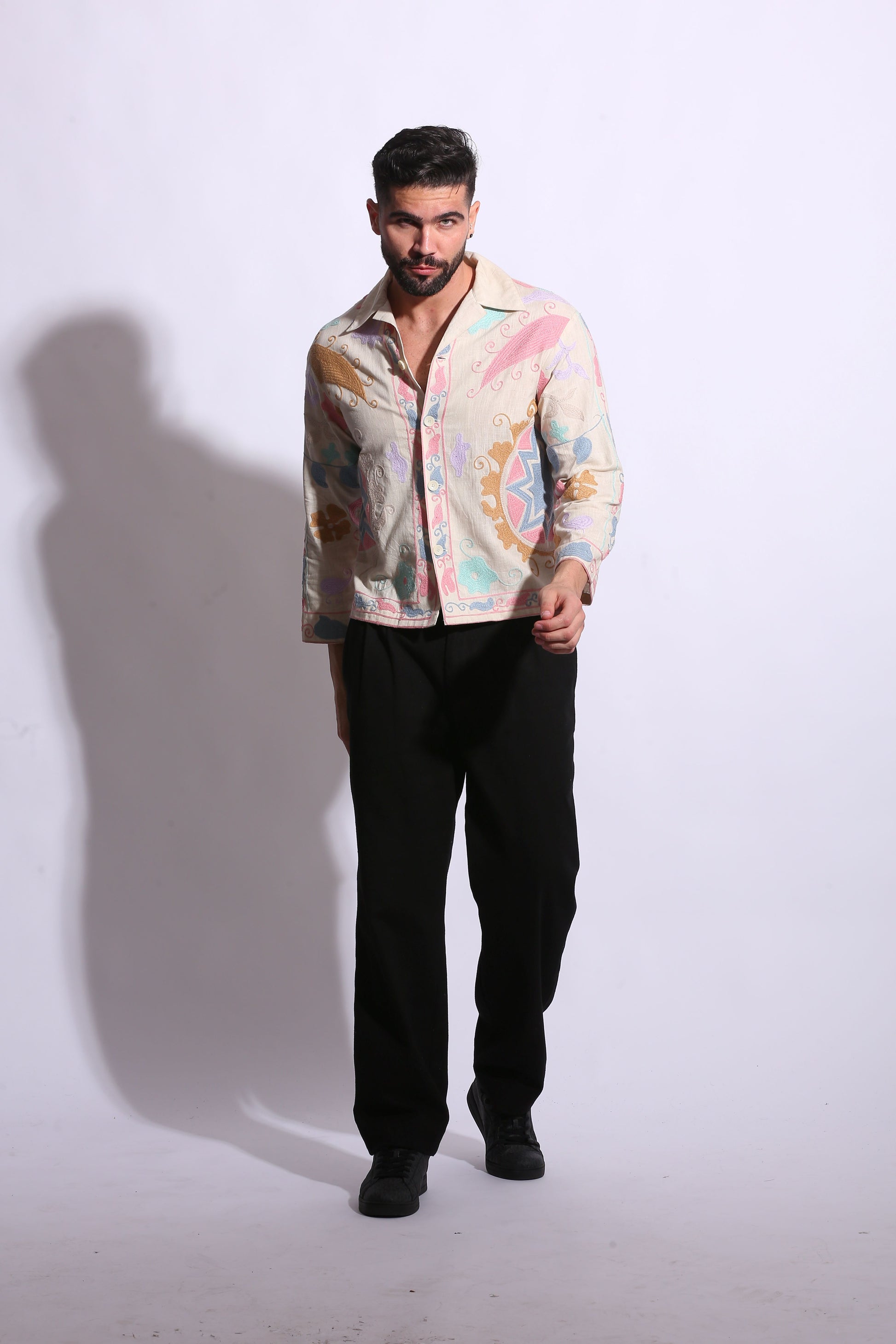 Main: Suzani Motif Embroidered Shirt in off-white, full view, chain-stitch embroidery 