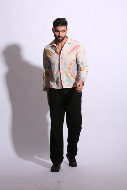 Main: Suzani Motif Embroidered Shirt in off-white, full view, chain-stitch embroidery 