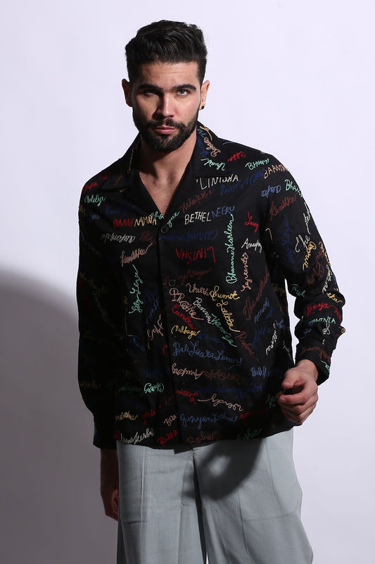Signature Embroidery Shirt – Black Allover Embroidery Front MainView 