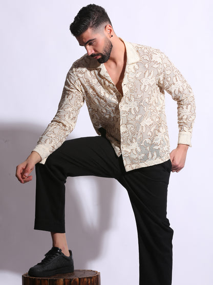 Front view of beige textured woven embroidered shirt with Kashmiri chain stitch 