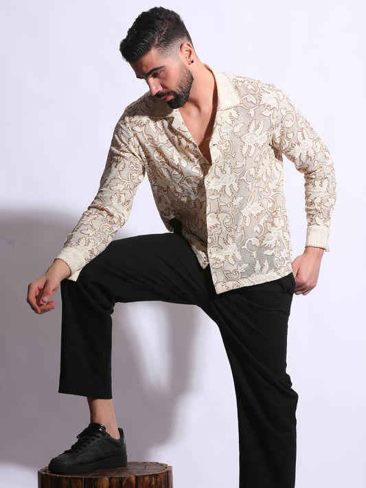 Front view of beige textured woven embroidered shirt with Kashmiri chain stitch 