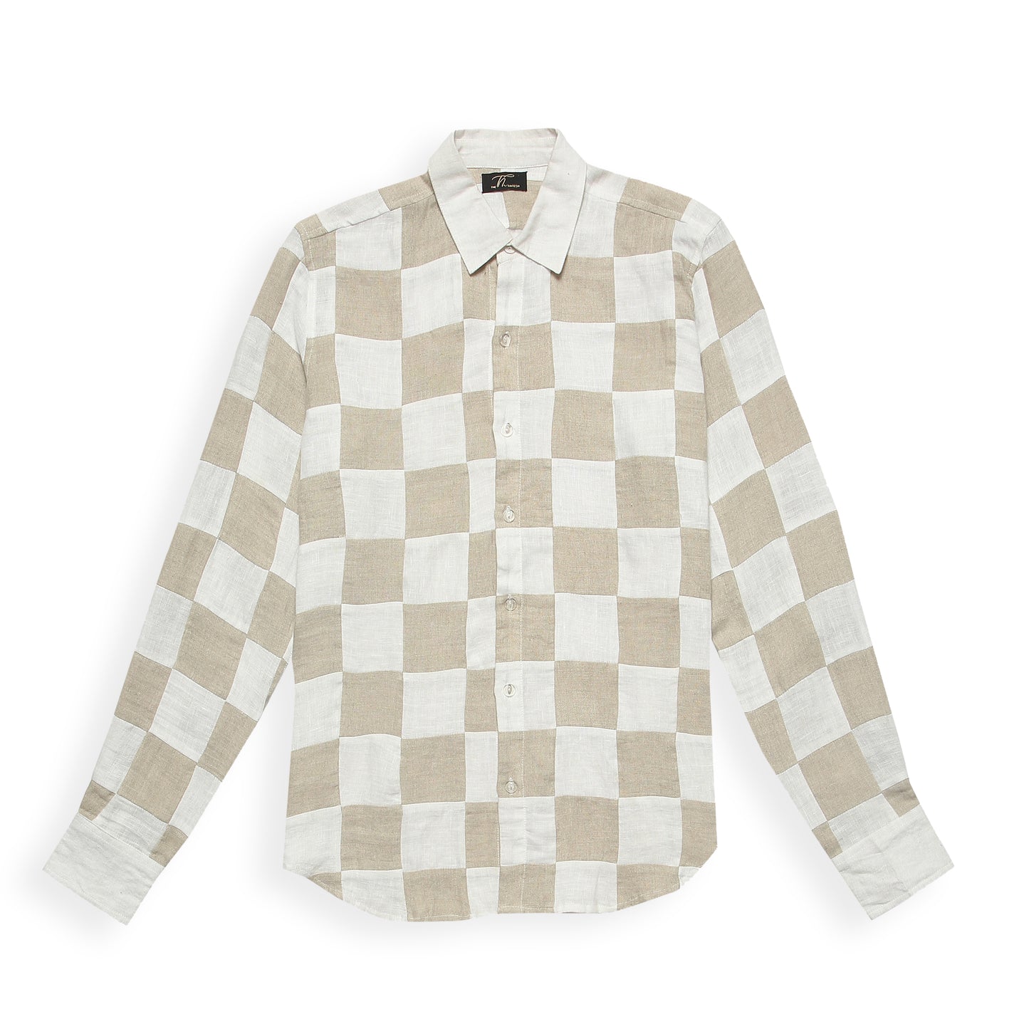A long sleeve linen shirt featuring a checkerboard patchwork design in beige and white colors.