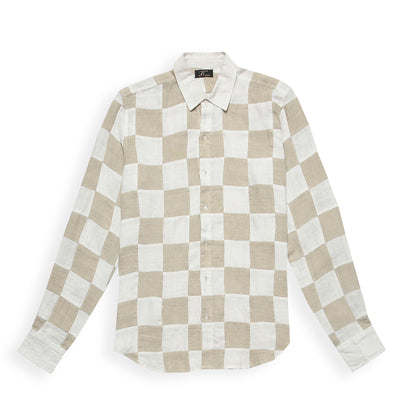 A long sleeve linen shirt featuring a checkerboard patchwork design in beige and white colors.