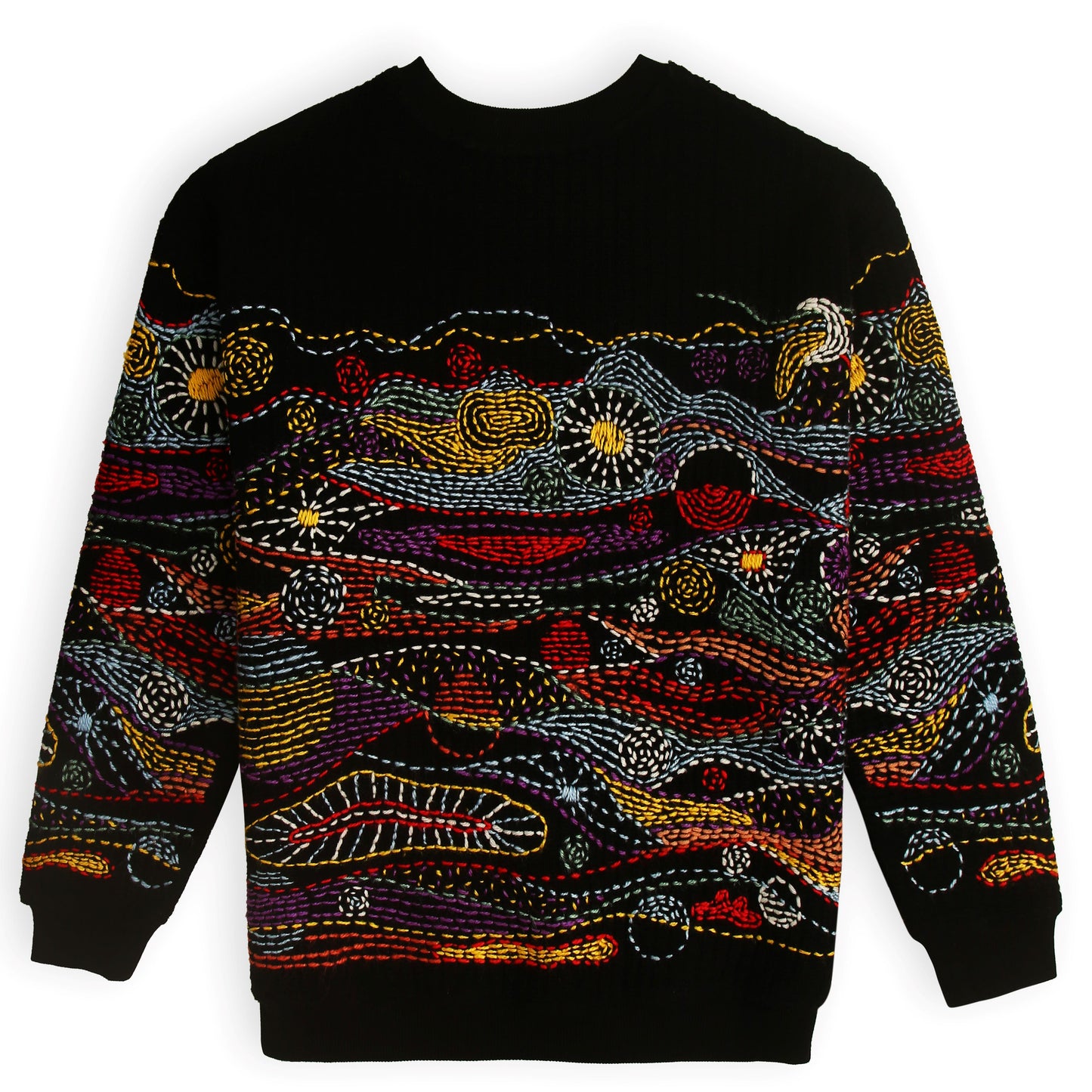 Black sweater with colorful abstract pattern on a white background