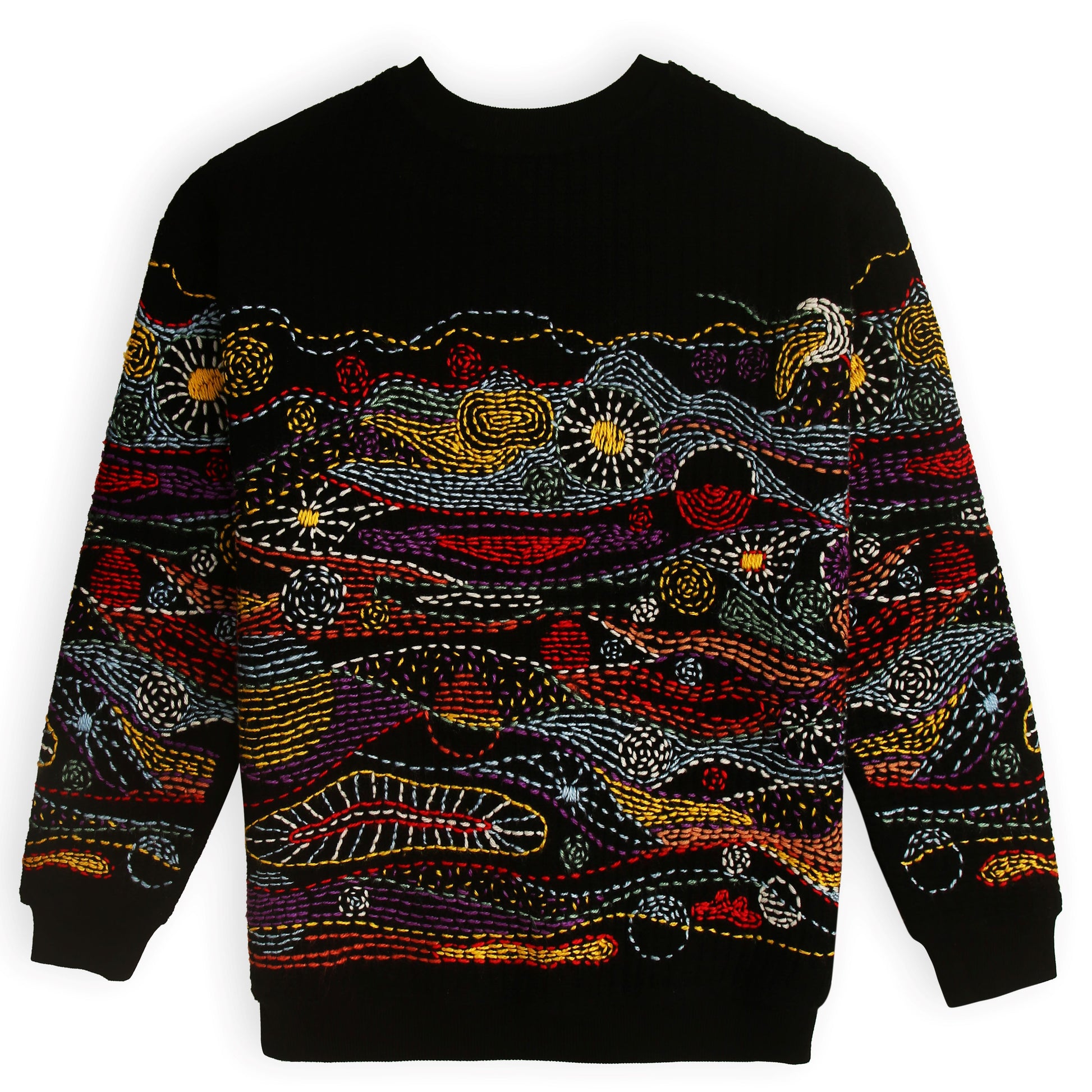 Black sweater with colorful abstract pattern on a white background