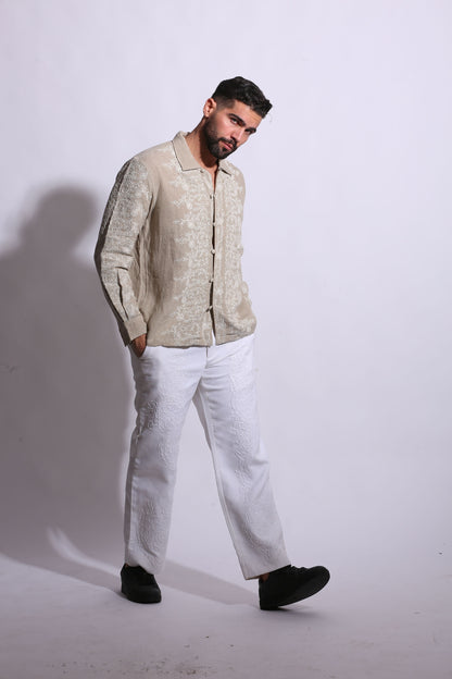 Textured beige linen shirt with traditional Chinese-style knotted buttons and a relaxed, sophisticated fit.