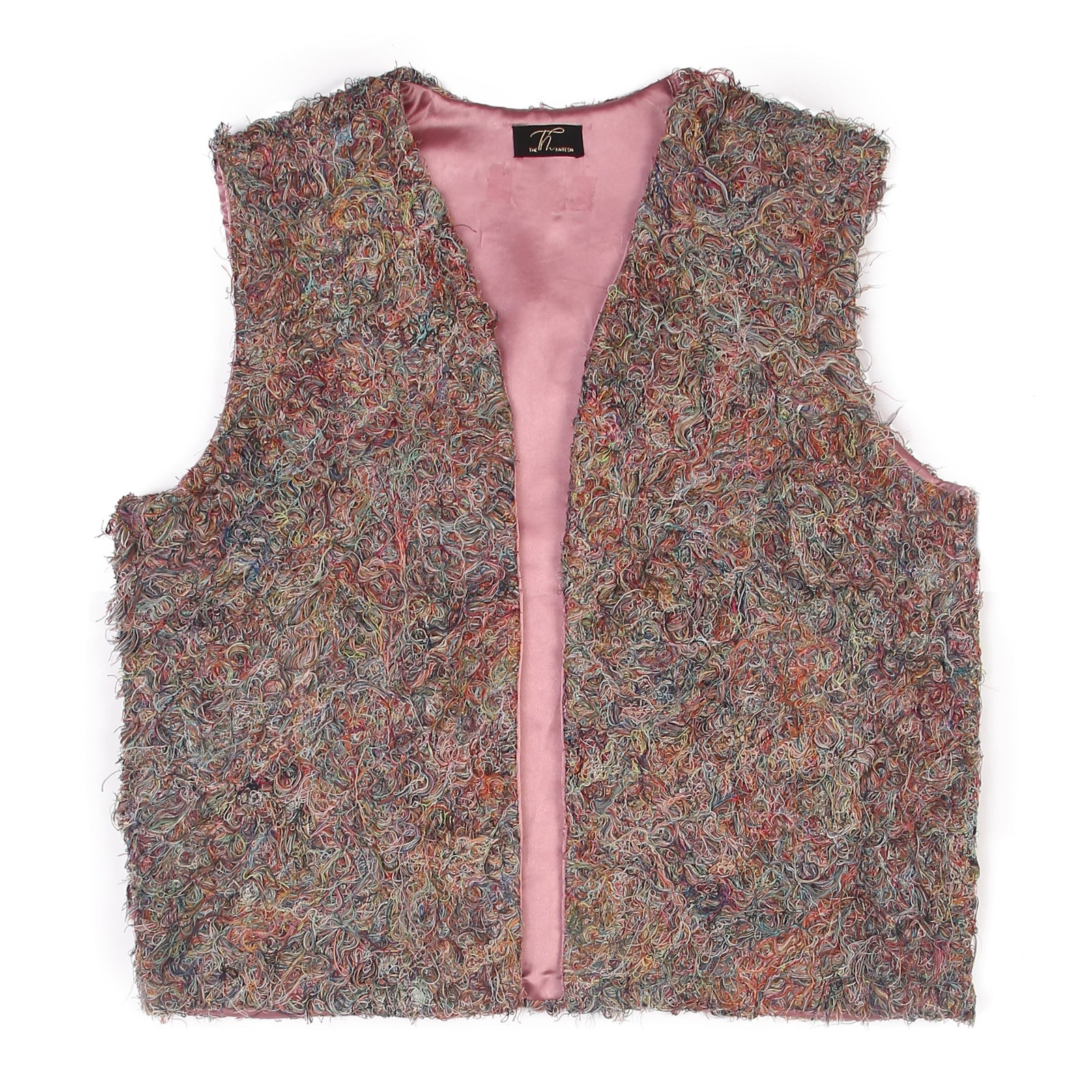 A multicolored, textured unisex jacket with a pink zipper and a visible brand tag on the top left.
