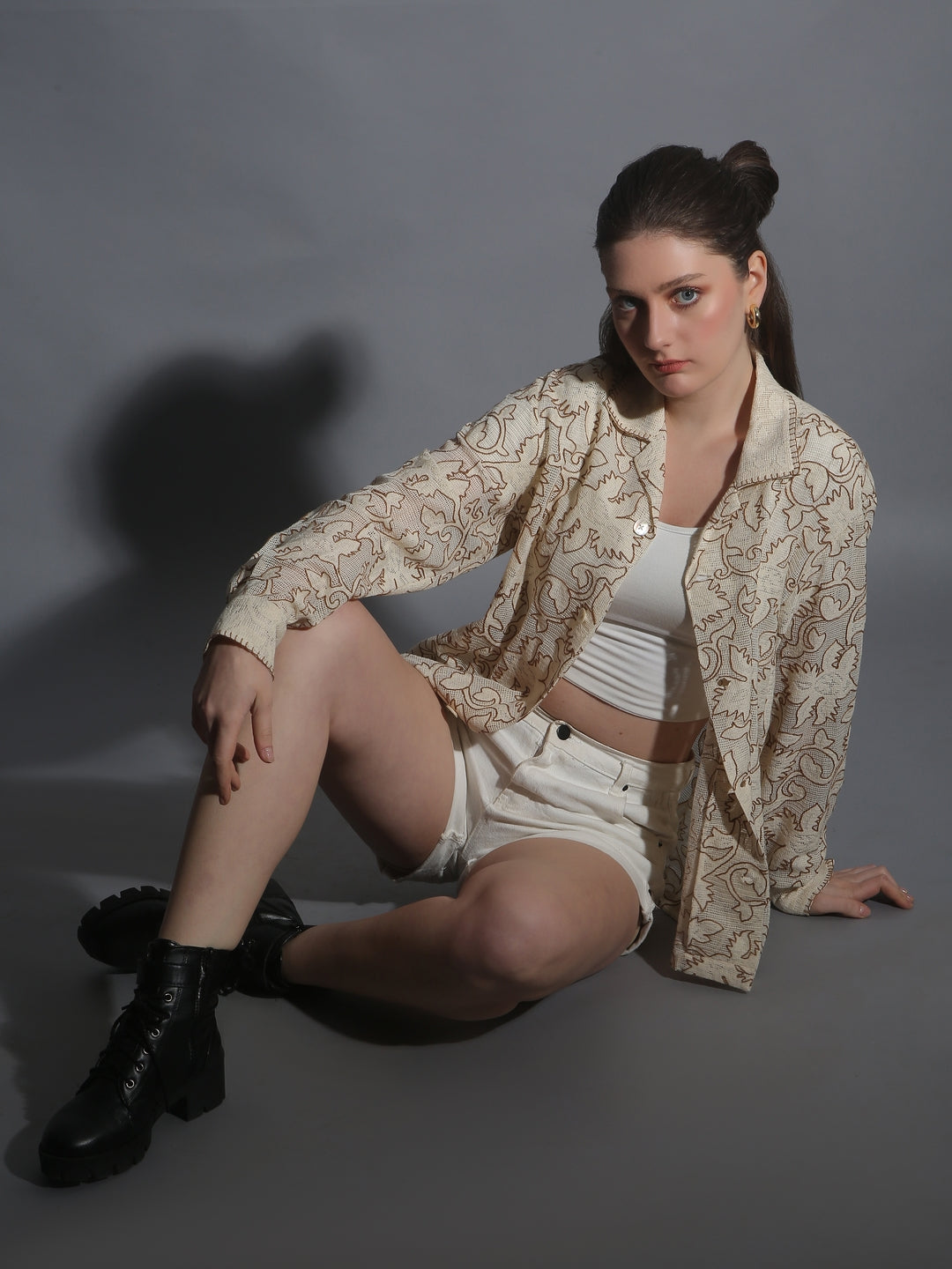 “Beige sheer cotton jacquard lace shirt, Kashmiri chain stitch embroidered. 