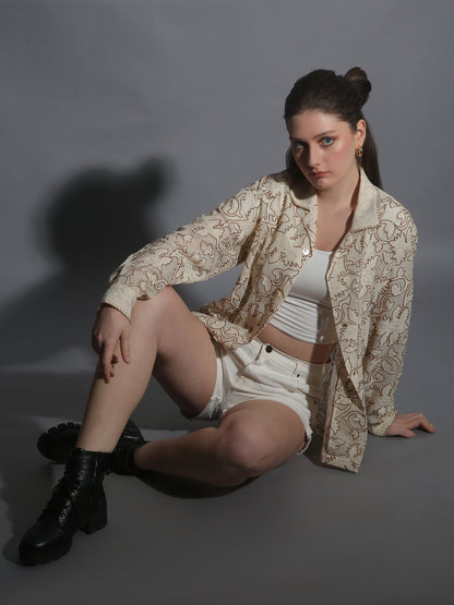 “Beige sheer cotton jacquard lace shirt, Kashmiri chain stitch embroidered. 