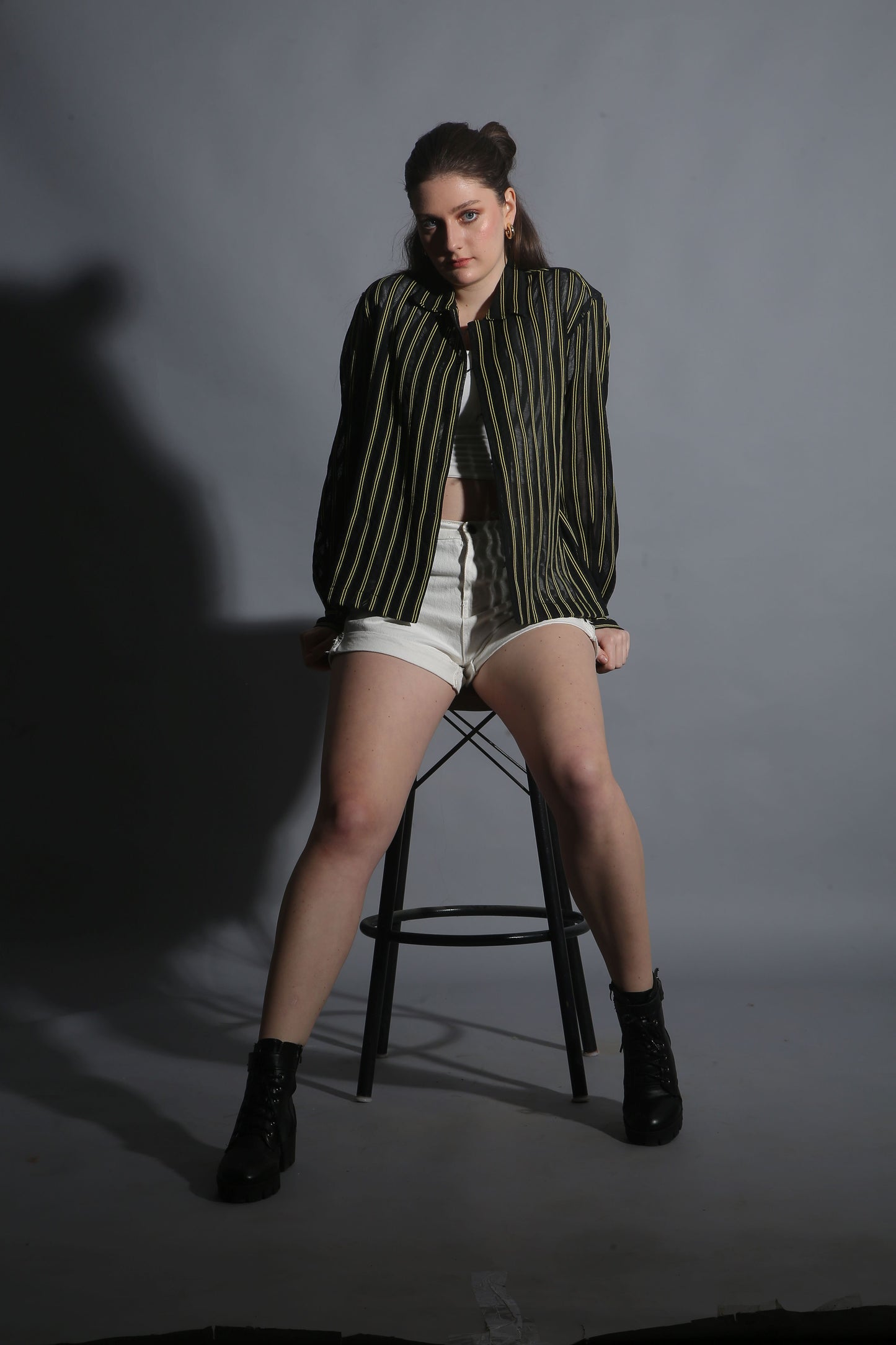 BLACK COTTON SHIRT WITH VERTICAL STRIPE PATTERN 