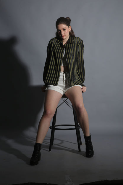 BLACK COTTON SHIRT WITH VERTICAL STRIPE PATTERN 