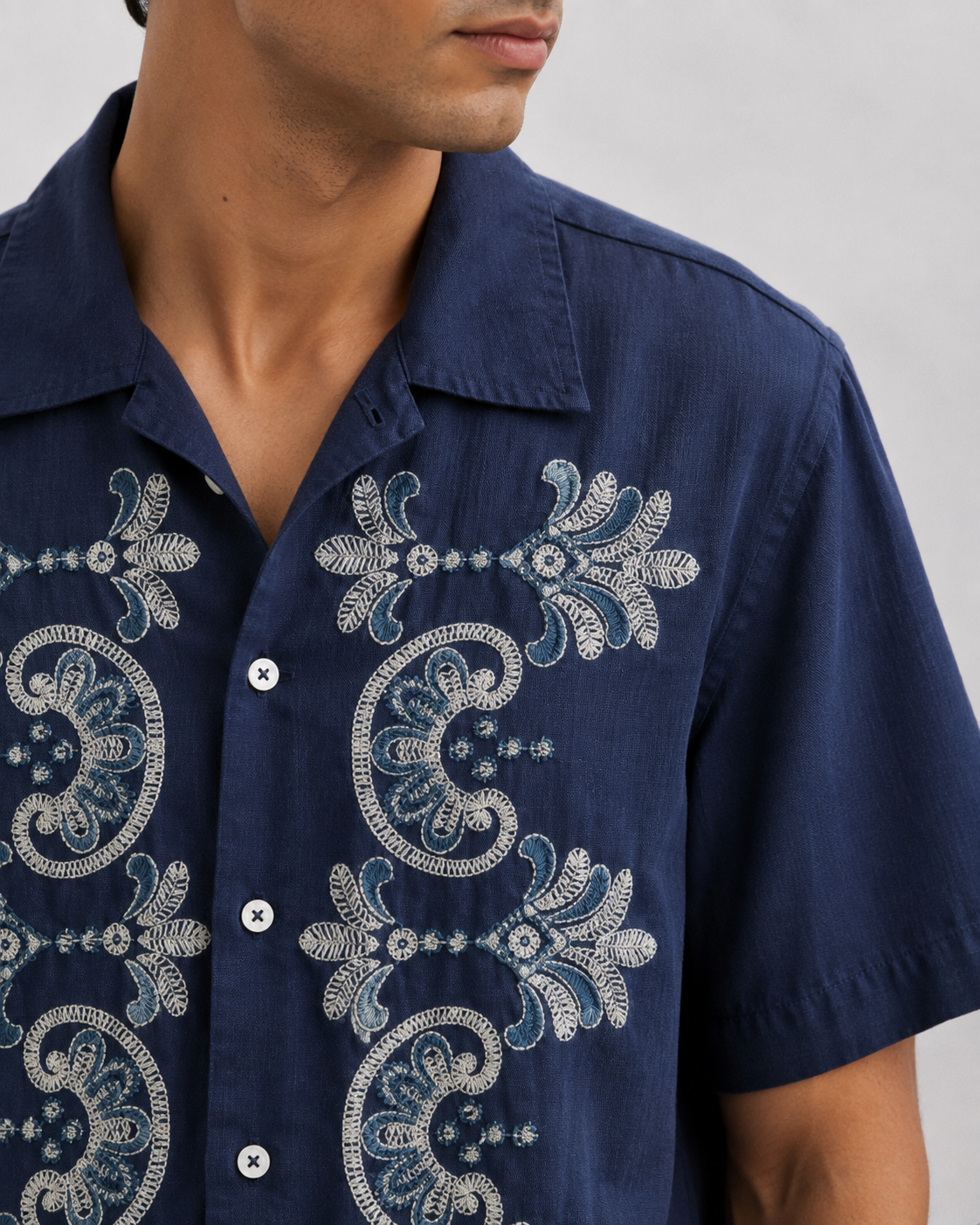 Couching Embroidery Short sleeve Shirt Navy | Premium Viscose Designer Shirt
