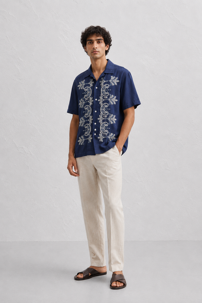 Couching Embroidery Short sleeve Shirt Navy | Premium Viscose Designer Shirt