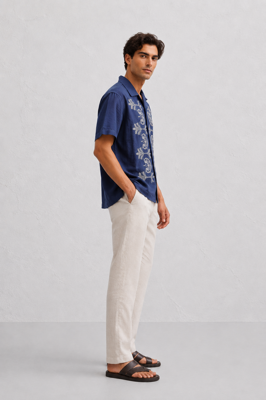 Couching Embroidery Short sleeve Shirt Navy | Premium Viscose Designer Shirt