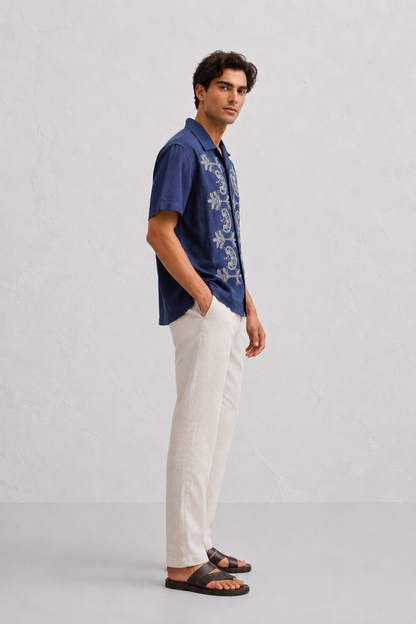 Couching Embroidery Short sleeve Shirt Navy | Premium Viscose Designer Shirt