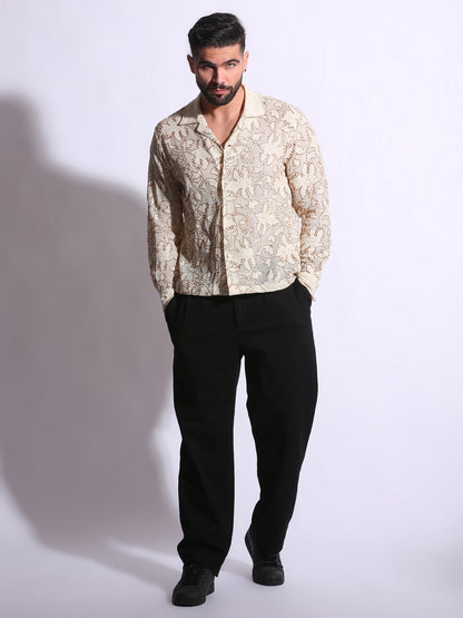 “Beige sheer cotton jacquard lace shirt, Kashmiri chain stitch embroidered. 