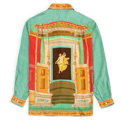 Main front: Shot of dark green delicate print silk shirt